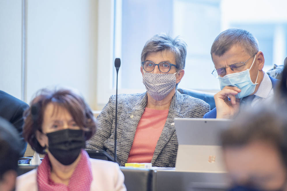 Grossrätin Martha Widmer zeigt Muster.
