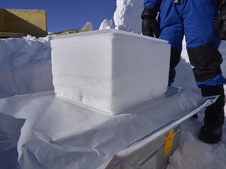 An diesem Schneeblock sieht man gut die einzelnen Schichten vor der Metamorphose und am Anfang des Experiments. Der Block ist bereit zum Einpacken. Am Ende des Experiments wird dieser Block wieder ausgepackt und wir sehen hoffentlich eine Veränderung der Schichten (Schneemikrostruktur)