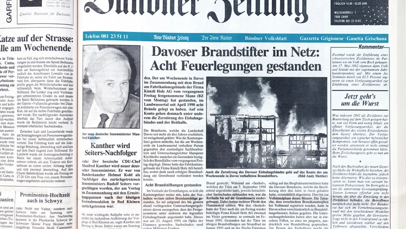 Ende einer Serie: Die Kantonspolizei verhaftet 1993 einen Brandstifter. Er gesteht, dass er seit dem Jahr 1990 acht Brände gelegt hat. Ende einer Serie: Die Kantonspolizei verhaftet 1993 einen Brandstifter. Er gesteht, dass er seit dem Jahr 1990 acht Brände gelegt hat.
