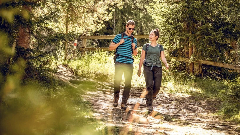 Die Bündner Bergwelt hat viel zu bieten: Bei Schweizerinnen und Schweizern ist Graubünden dieses Jahr die beliebteste Ferienwohnungsdestination – hier wandert ein Pärchen durch einen Wald im Nationalpark. Die Bündner Bergwelt hat viel zu bieten: Bei Schweizerinnen und Schweizern ist Graubünden dieses Jahr die beliebteste Ferienwohnungsdestination – hier wandert ein Pärchen durch einen Wald im Nationalpark.