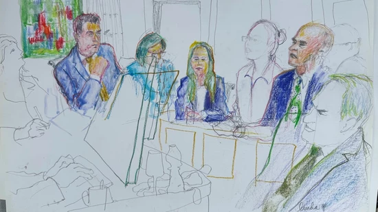 Ein Ehepaar hielt zwei junge Ausländerinnen als "Haussklavinnen" und sperrte sie täglich in einen engen Käfig. Auf der Gerichtszeichnung sind die Beschuldigten in Umrissen dargestellt.
