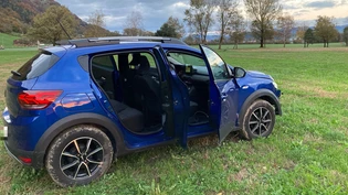 Von den Insassen fehlt bislang jede Spur: Der verlassene Kleinwagen in der Wiese in Bilten, nach dem er zwei Unfälle verursachte.