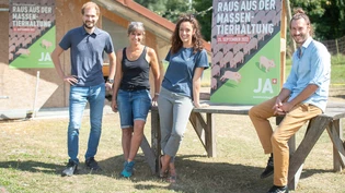 Für Mensch und Tier: Armando Lenz, Valérie Cavin, Giulia Casale und Nicolas Zogg (von links) werben auf dem Hof Clavadetscher in Malans für ein Ja zur Massentierhaltungsinitiative.