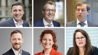 Für den Ständerat kandidieren der Bisherige Mathias Zopfi (Grüne, oben links), Benjamin Mühlemann (FDP) und Peter Rothlin (SVP). Für den Nationalrat steigen Markus Schnyder (SVP, unten links), Sabine Steinmann (SP) und Andrea Trummer (Die Mitte) ins Rennen. Für den Ständerat kandidieren der Bisherige Mathias Zopfi (Grüne, oben links), Benjamin Mühlemann (FDP) und Peter Rothlin (SVP). Für den Nationalrat steigen Markus Schnyder (SVP, unten links), Sabine Steinmann (SP) und Andrea Trummer (Die Mitte) ins Rennen.