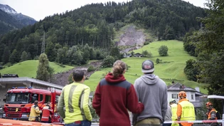 Der Rutsch bewegt: Menschen bestaunen die von Geröll- und Schlammmassen verdeckten Häuser in Schwanden.