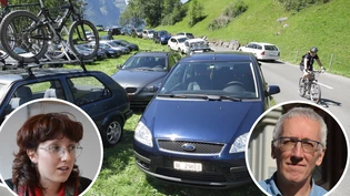 Die Landsgemeinde 2022 entschied, zumindest an einzelnen Sonntagen solche Bilder zu vermeiden: An schönen Sommertagen ist alles vollparkiert. Ohne Leana Meier (links) und Peter Aebli wäre der Entscheid wohlnicht gefallen – doch die Umsetzung sehen sie kritisch. 